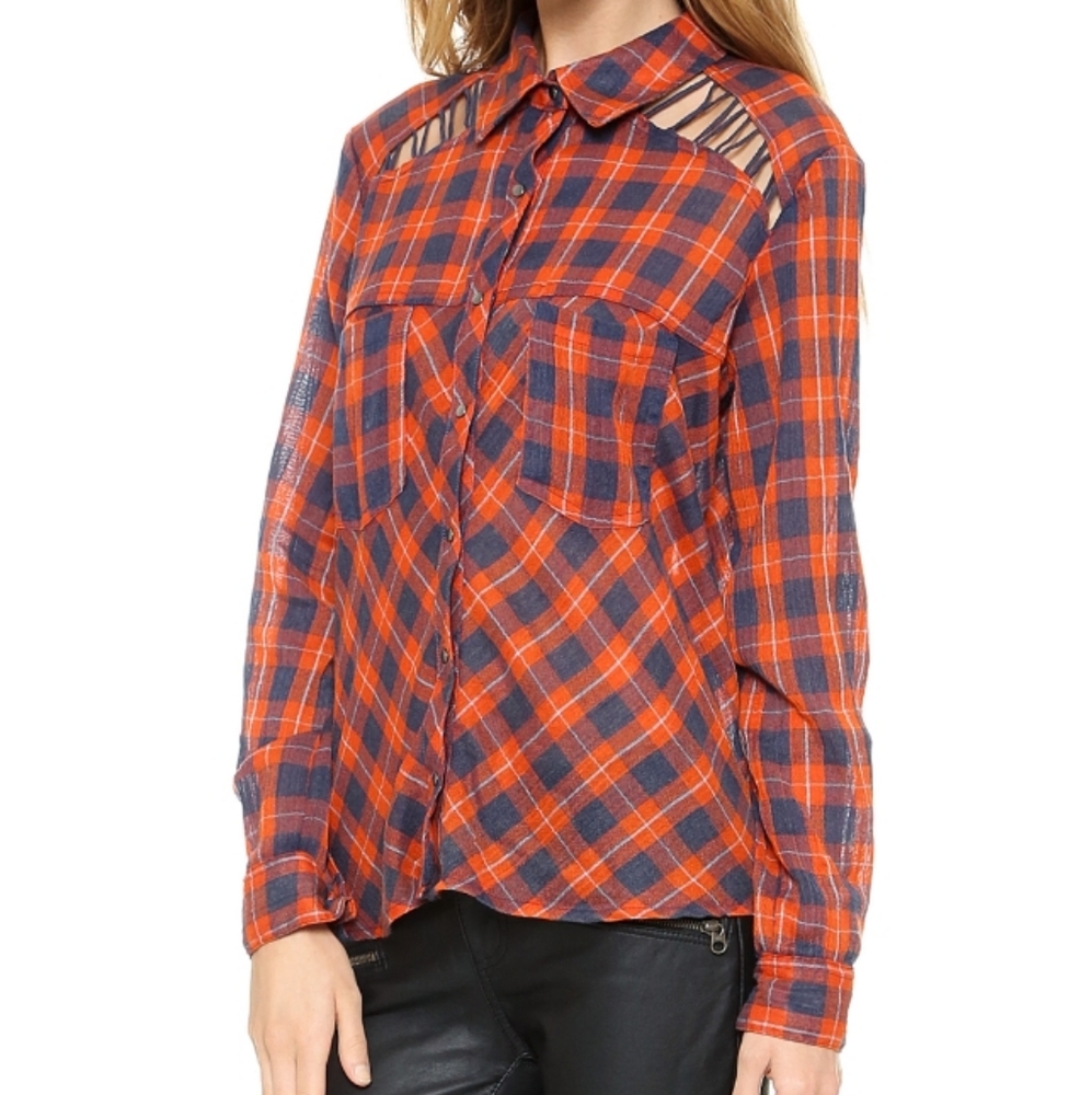 Free people orange & blue gauzy cut out  snap button flannel